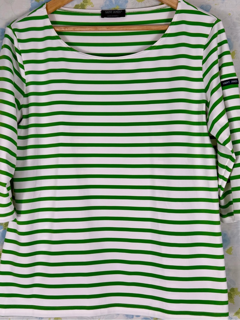 Saint James Green and White Breton Stripe Boatneck Tee NWT